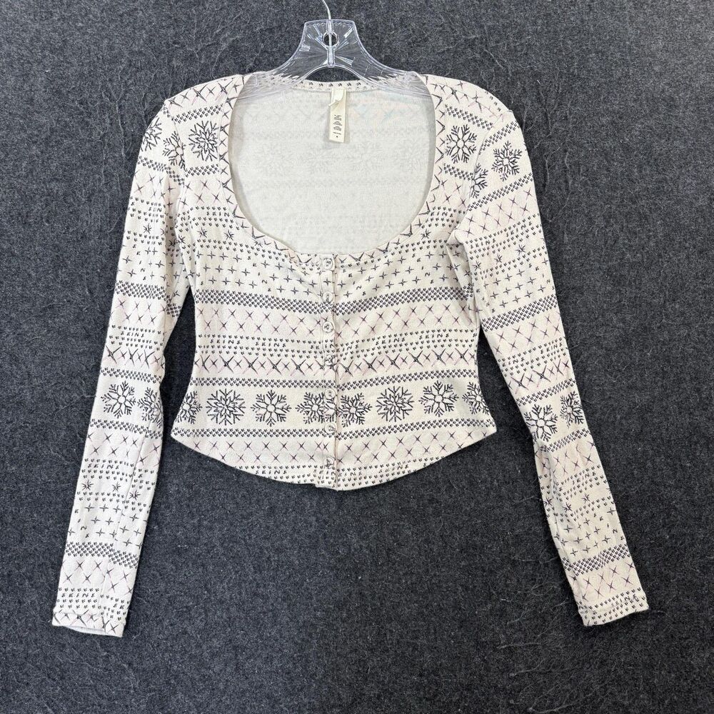 Skims Fair Isle Button Up Shirt Women's Medium Cream Cropped Snowflake